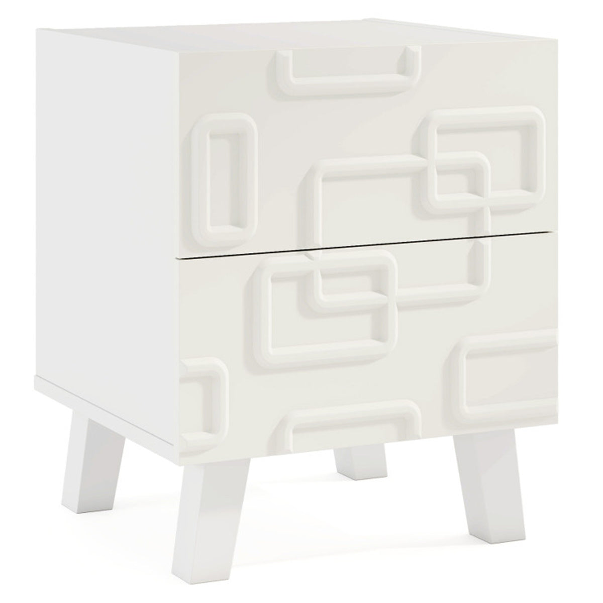 White Modern Nightstand with 2 Drawers – Geometric 3D Pattern Bedside Side Table