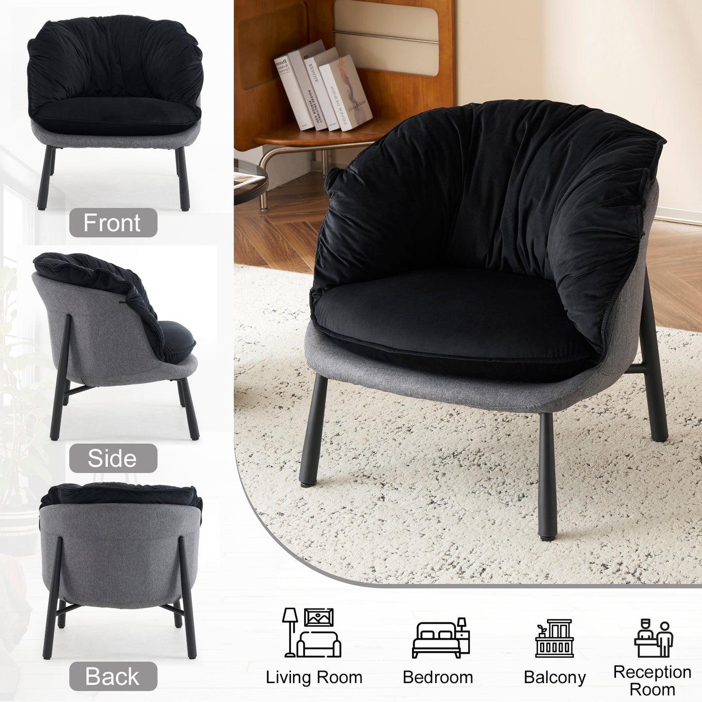 Modern Velvet Barrel Accent Chair with Metal Legs – Black Armchair