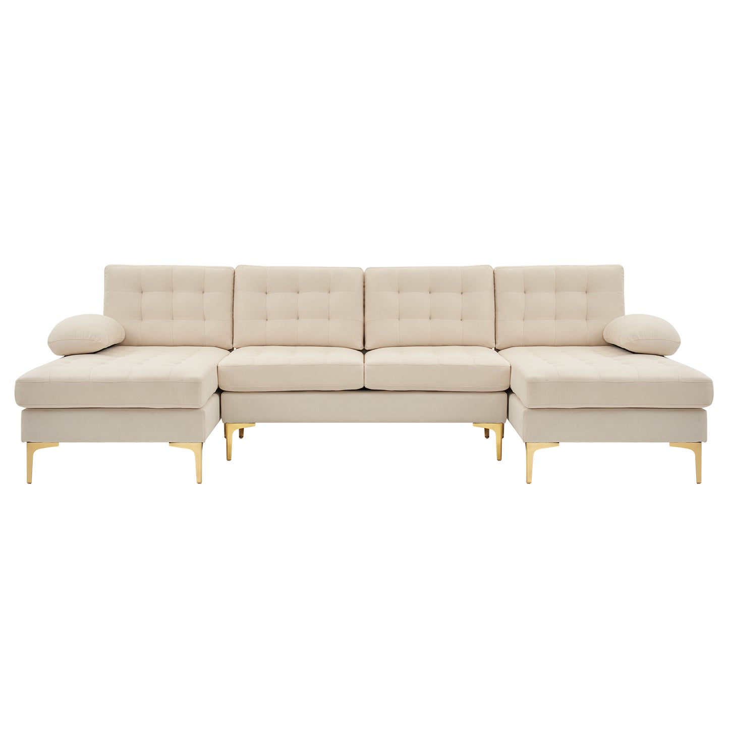 U-Shaped Sectional Sofa – Soft Armrest & Backrest, Wooden & Iron Frame with Gold Legs, Beige Upholstery