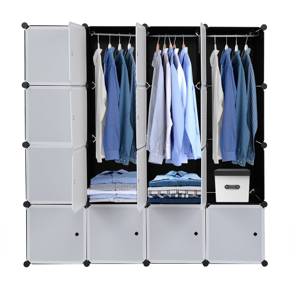 16-Cube Modular Closet Organizer with Hanging Rods, White Doors & Black Panels