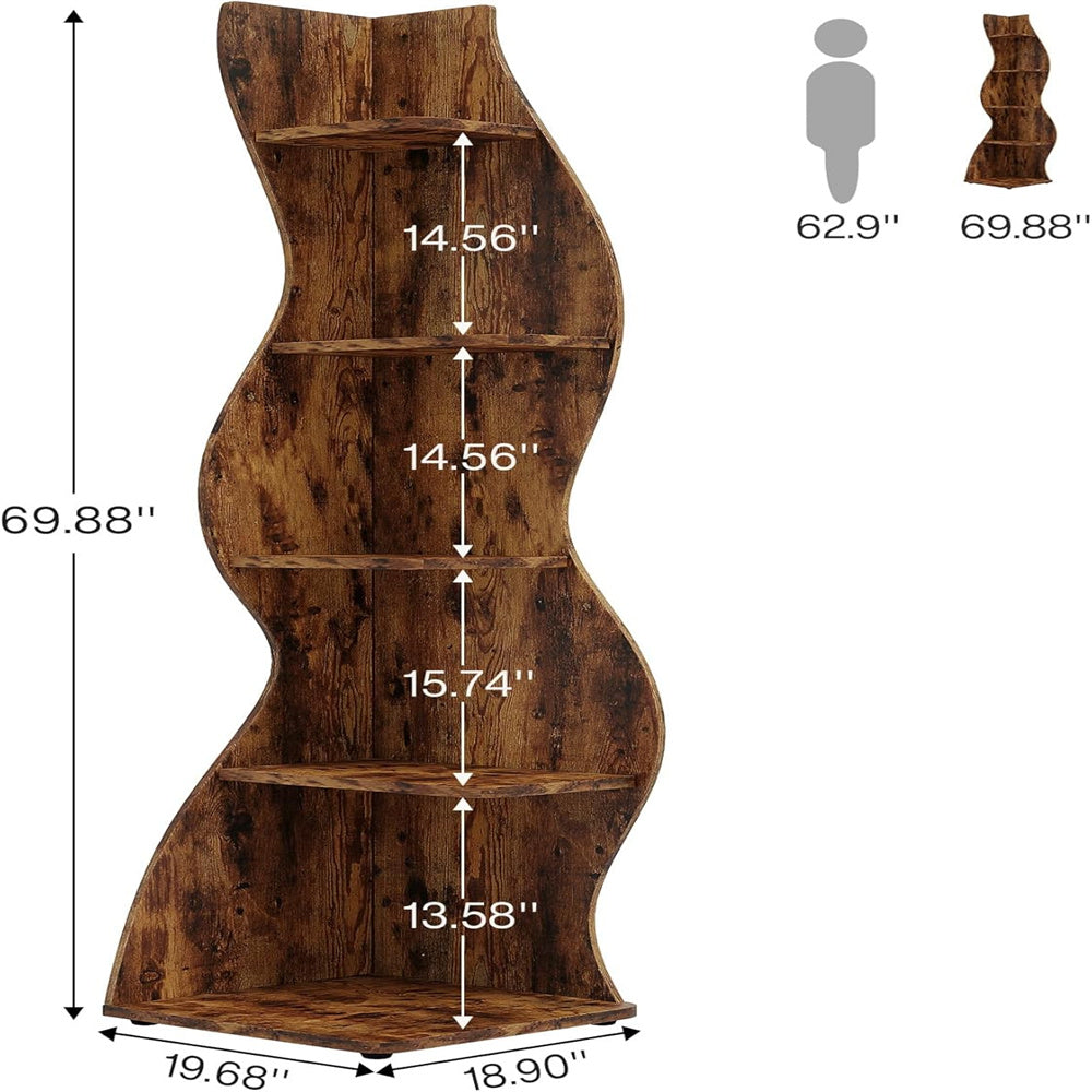 Brown Wavy 5-Tier Corner Bookshelf – Modern Sculpted Bookcase Storage Rack