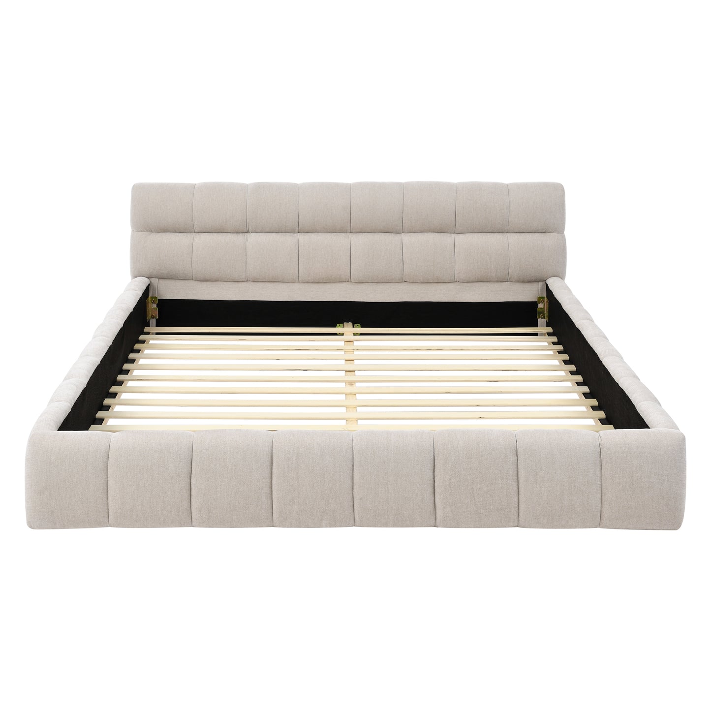 Queen Upholstered Platform Bed Frame with Headboard, Chenille Fabric, Beige