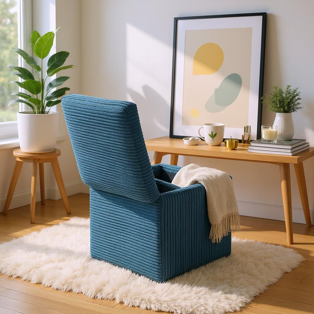Blue Corduroy Storage Ottoman with Hidden Compartment – 16.5” Cube Seat