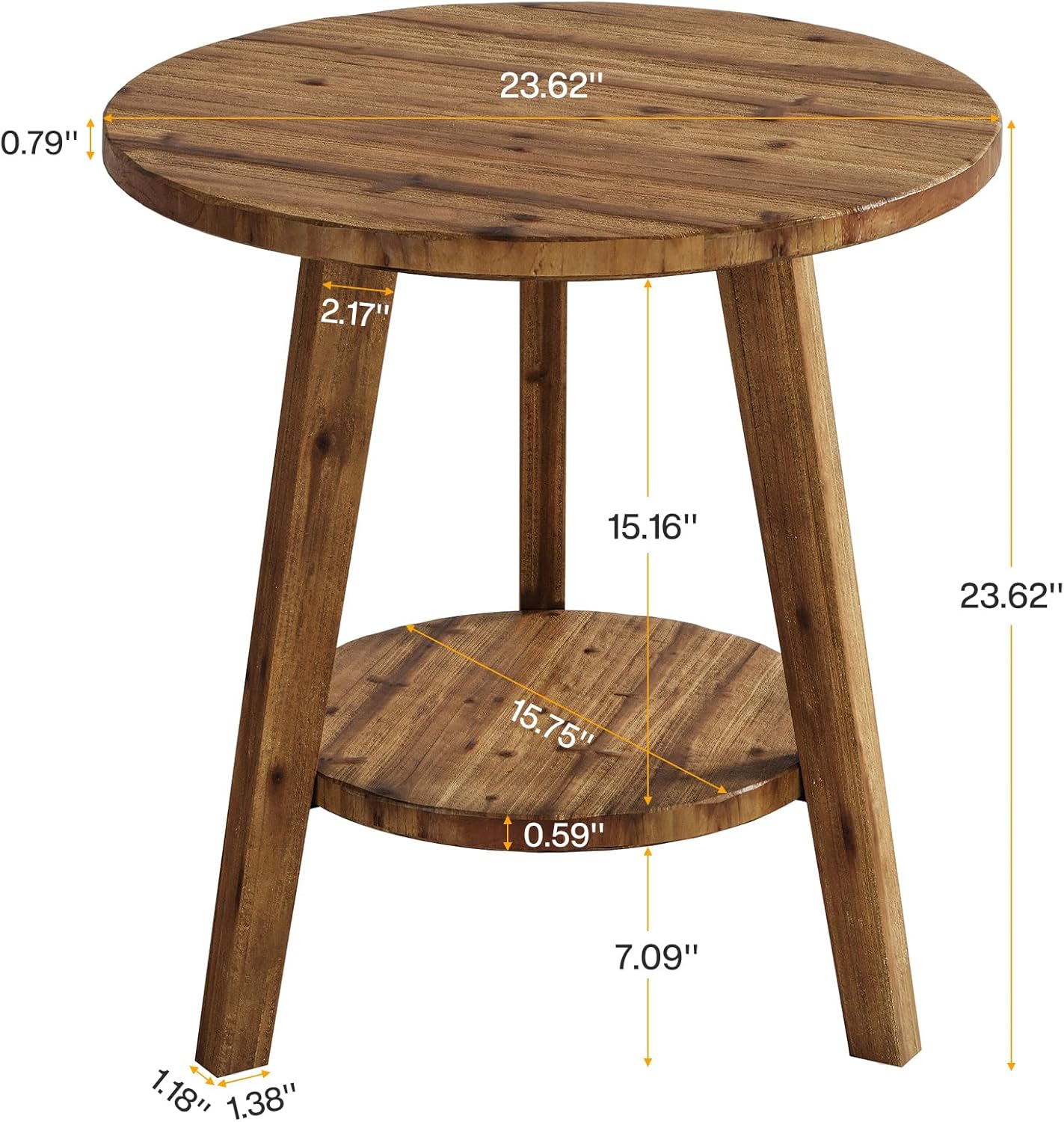 Rustic Solid Wood Round Side Table with Shelf – Natural Fir Coffee End Table