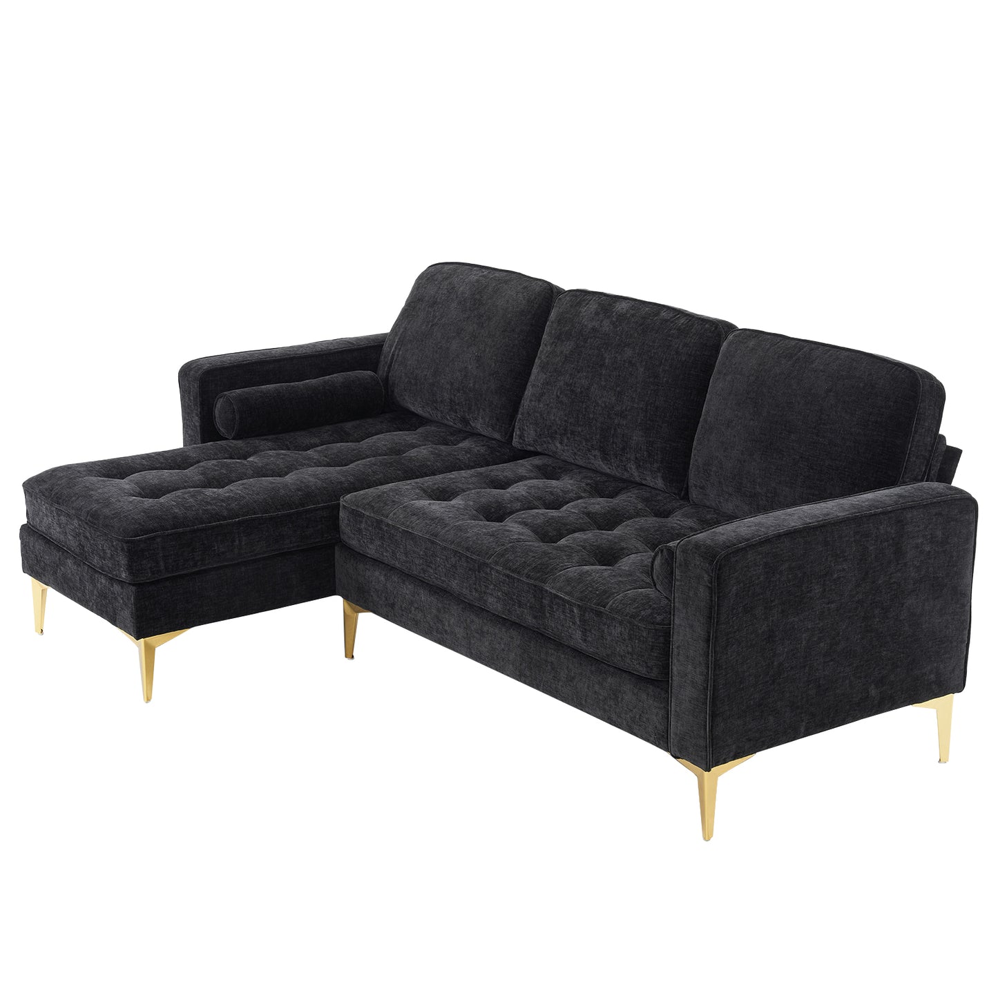 3-Seater Chenille Modular Sofa with Footstool, Gold Legs – Black