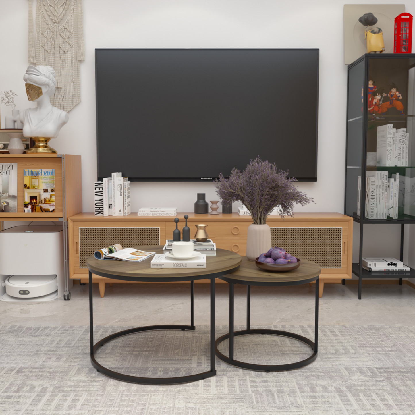 Round Nesting Coffee Table Set of 2 with Marble Top & Metal Frame – Modern Living Room