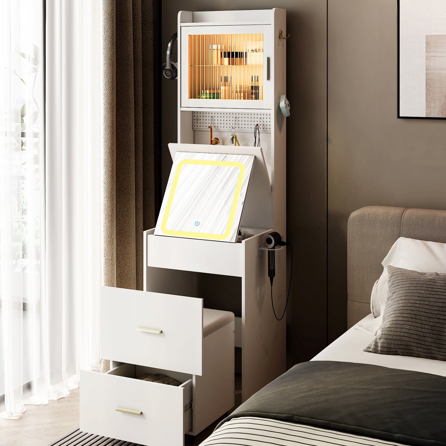 Compact Vanity Desk with Mirror, LED Lights, Charging Station & Stool, White