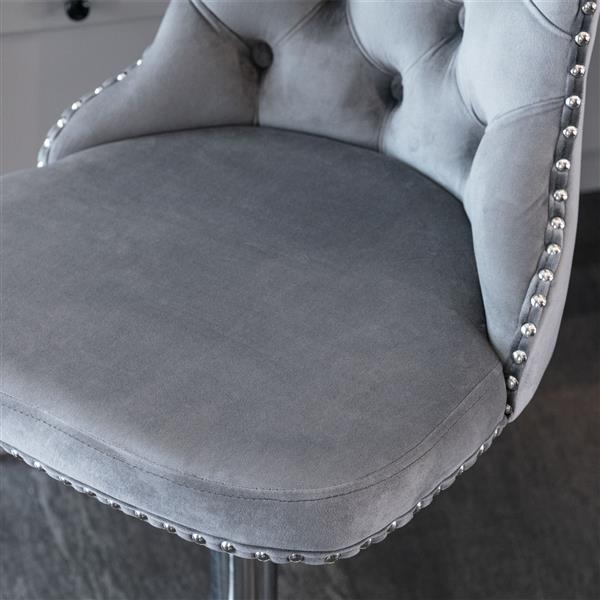 Set of 2 Gray Velvet Swivel Barstools, Adjustable Height 25–33", with Backs