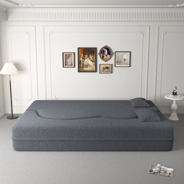 Modern Grey Teddy Fabric Floor Sofa Bed with 2 Pillows – Convertible & Space-Saving