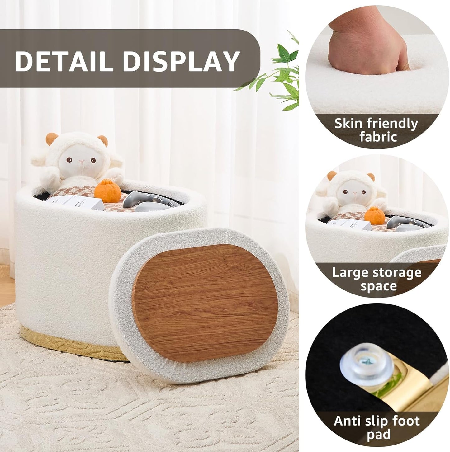 Round Storage Ottoman with Flip-Top Lid – White Upholstered Stool