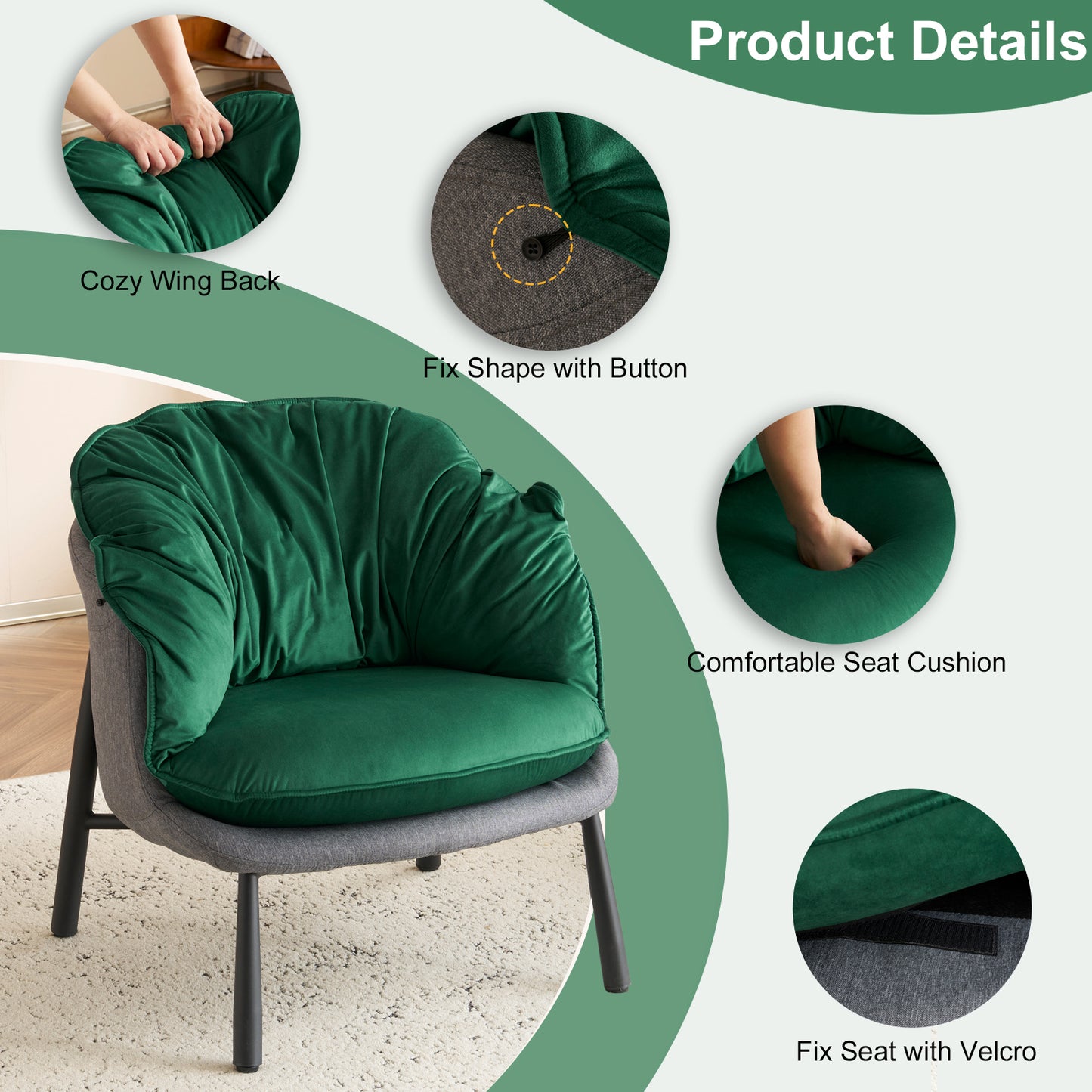 Modern Velvet Barrel Accent Chair with Metal Legs – Green Armchair