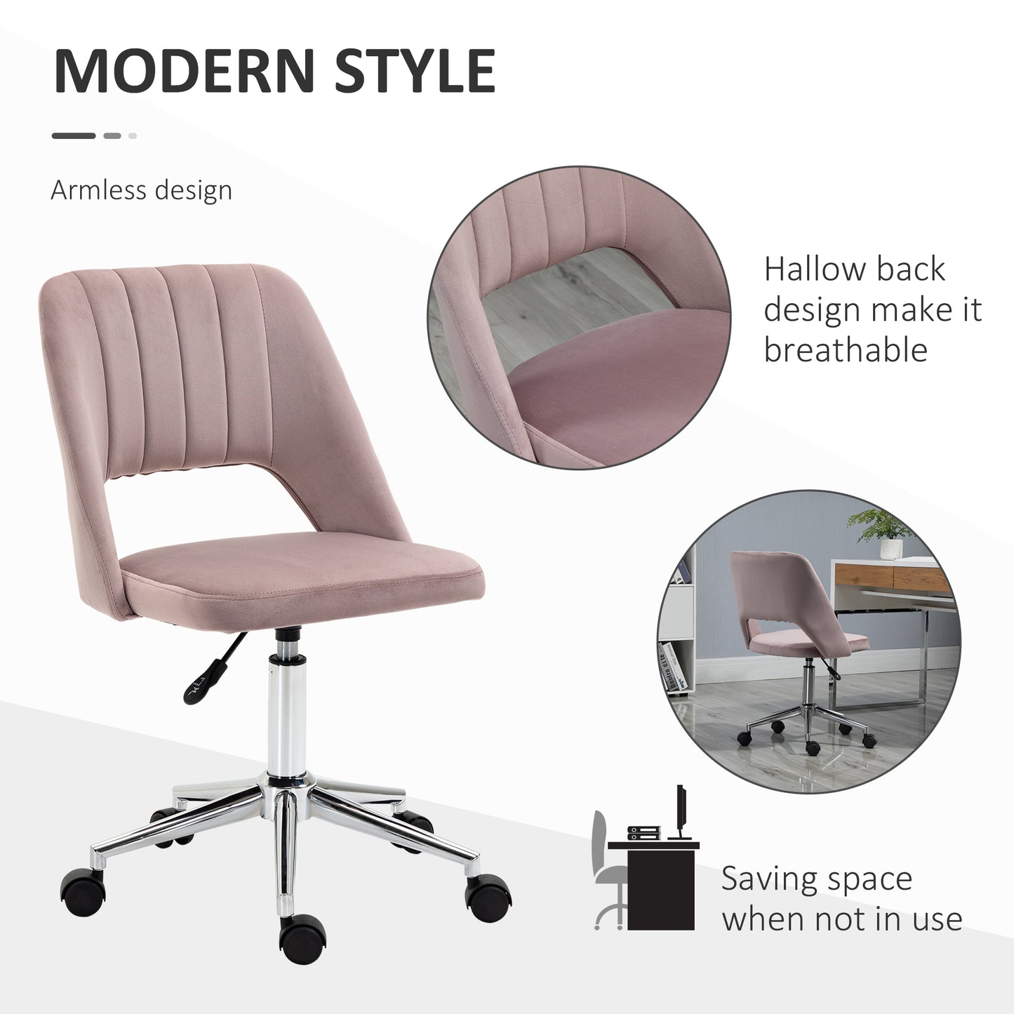 Modern Pink Velvet Office Chair – Adjustable Height, Swivel Base & Scallop Backrest