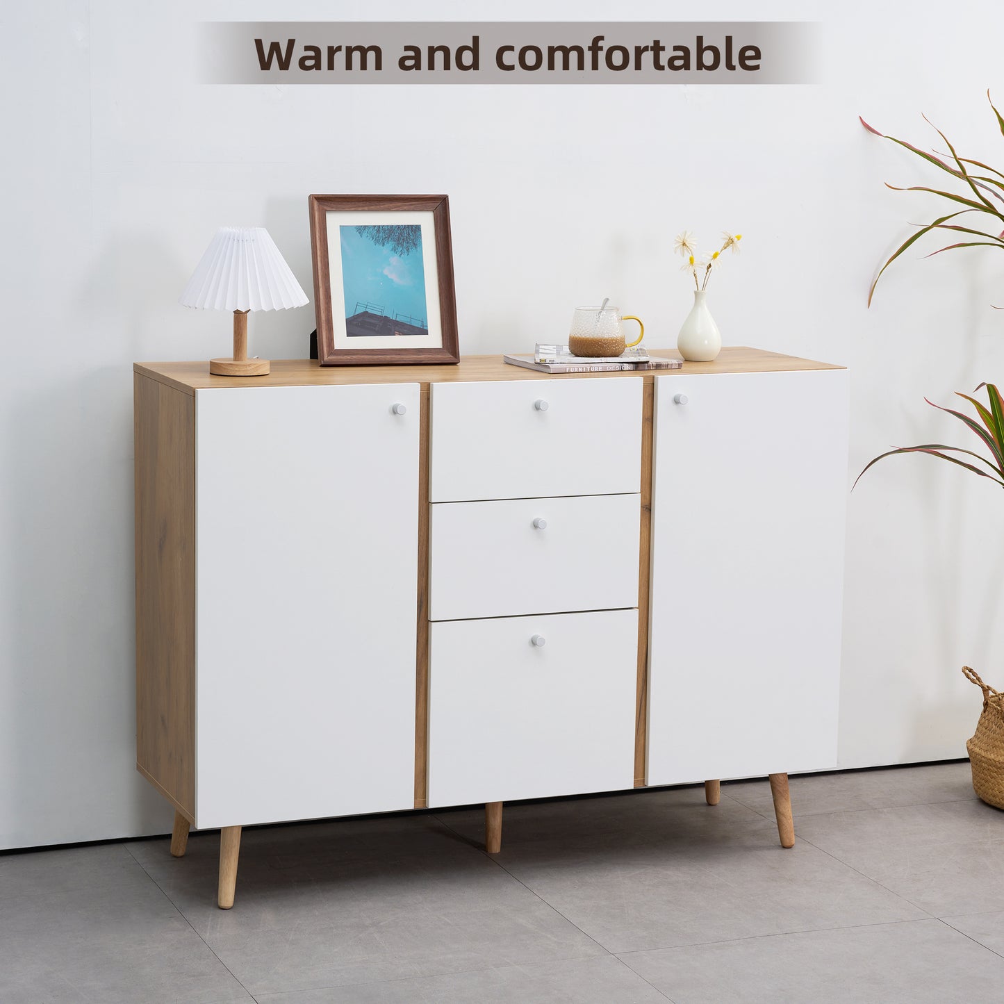 47" Sideboard Buffet Cabinet with 3 Drawers & 2 Doors, Adjustable Shelves