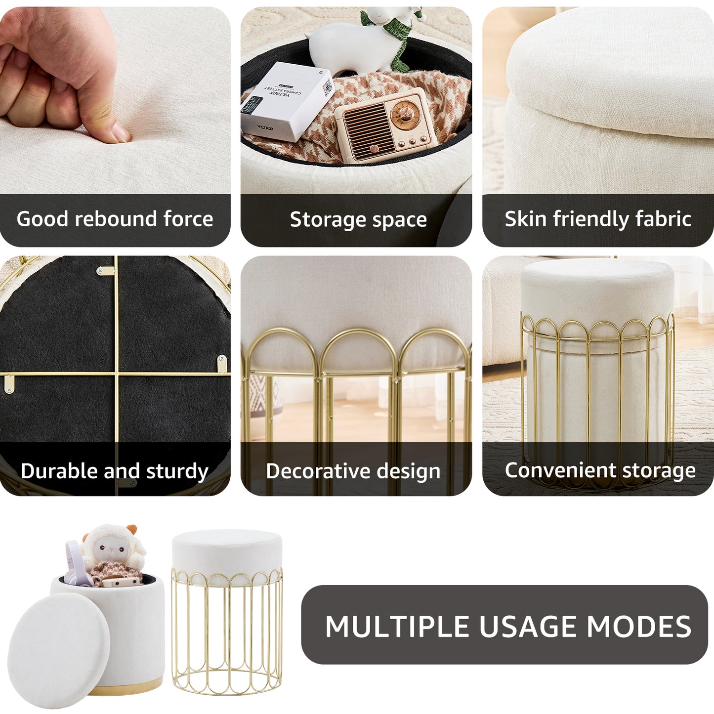 Set of 2 Round Velvet Storage Ottomans with Removable Lids – White