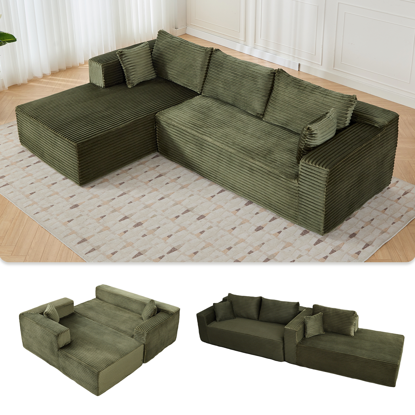 Modular L-Shaped Corduroy Sectional Sofa with Chaise – Green