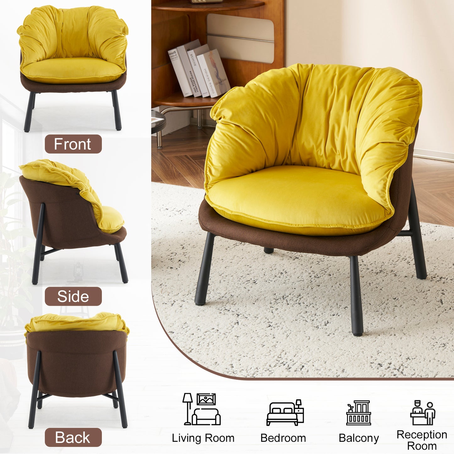 Modern Velvet Barrel Accent Chair with Metal Legs – Yellow Armchair