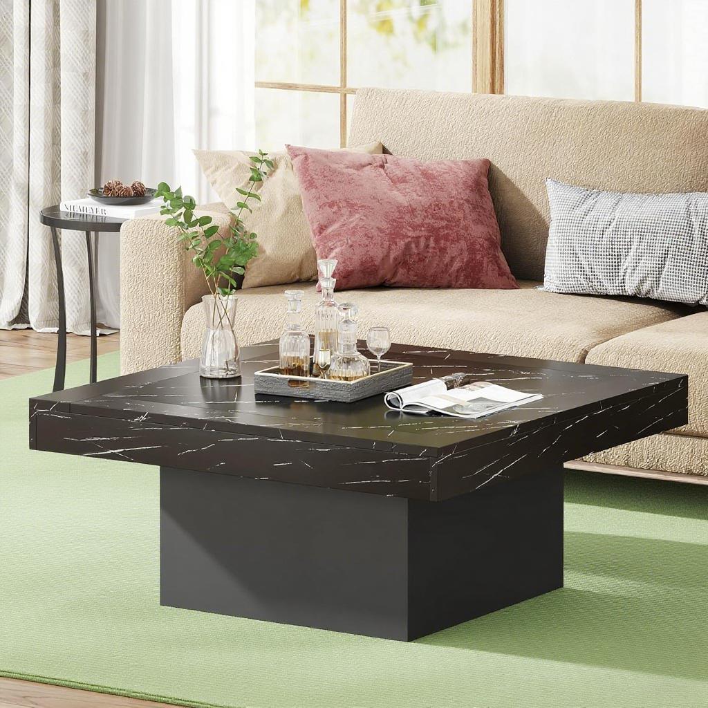 Rustic LED Coffee Table with Square Top & Modern Base – 35” Wood Accent