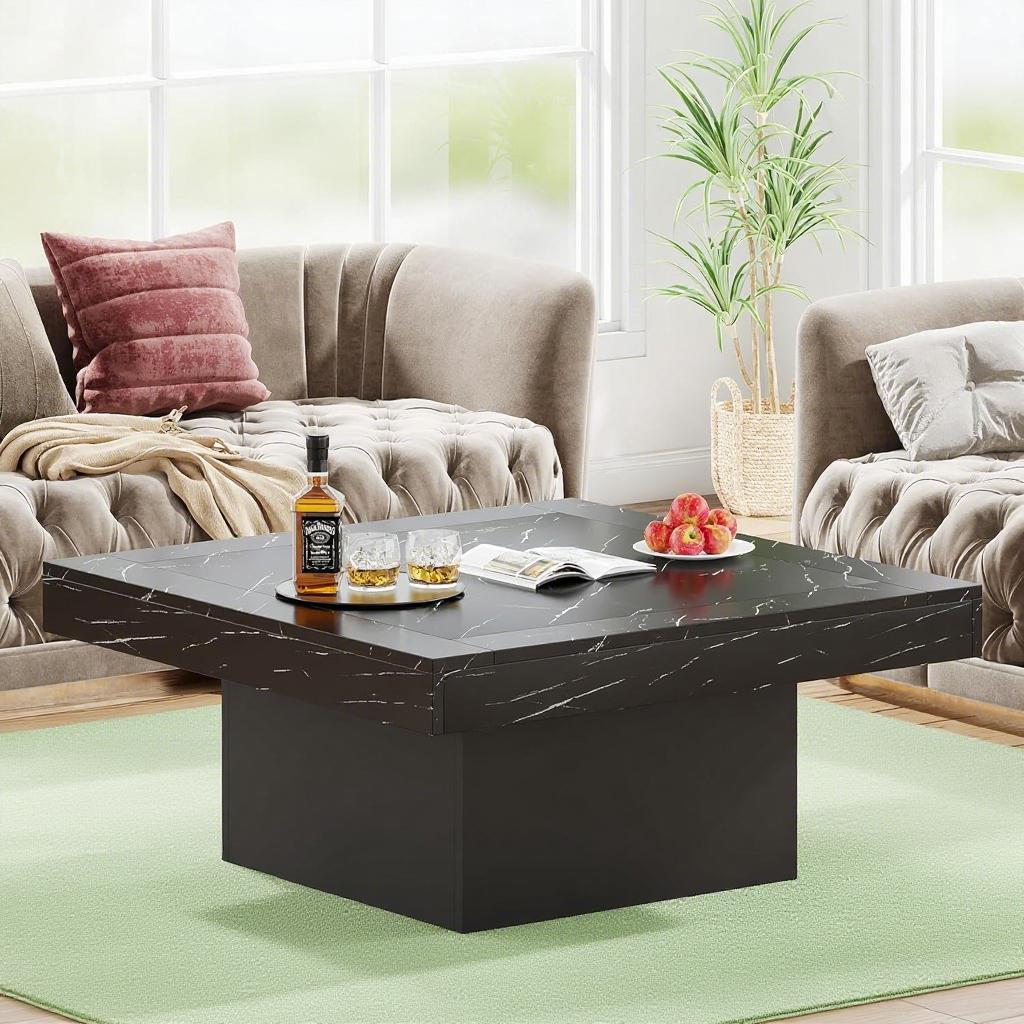 Rustic LED Coffee Table with Square Top & Modern Base – 35” Wood Accent