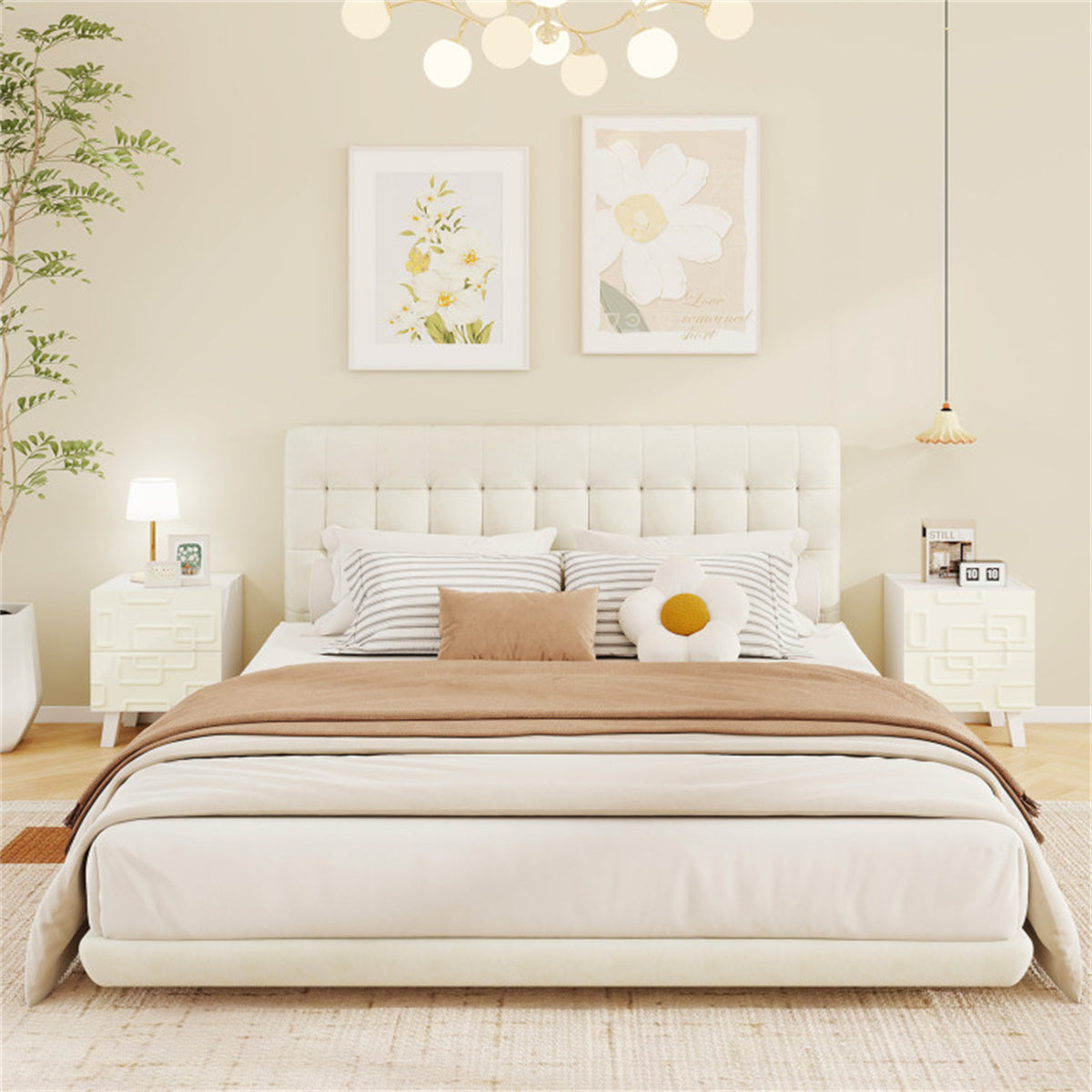 White Modern Nightstand with 2 Drawers – Geometric 3D Pattern Bedside Side Table