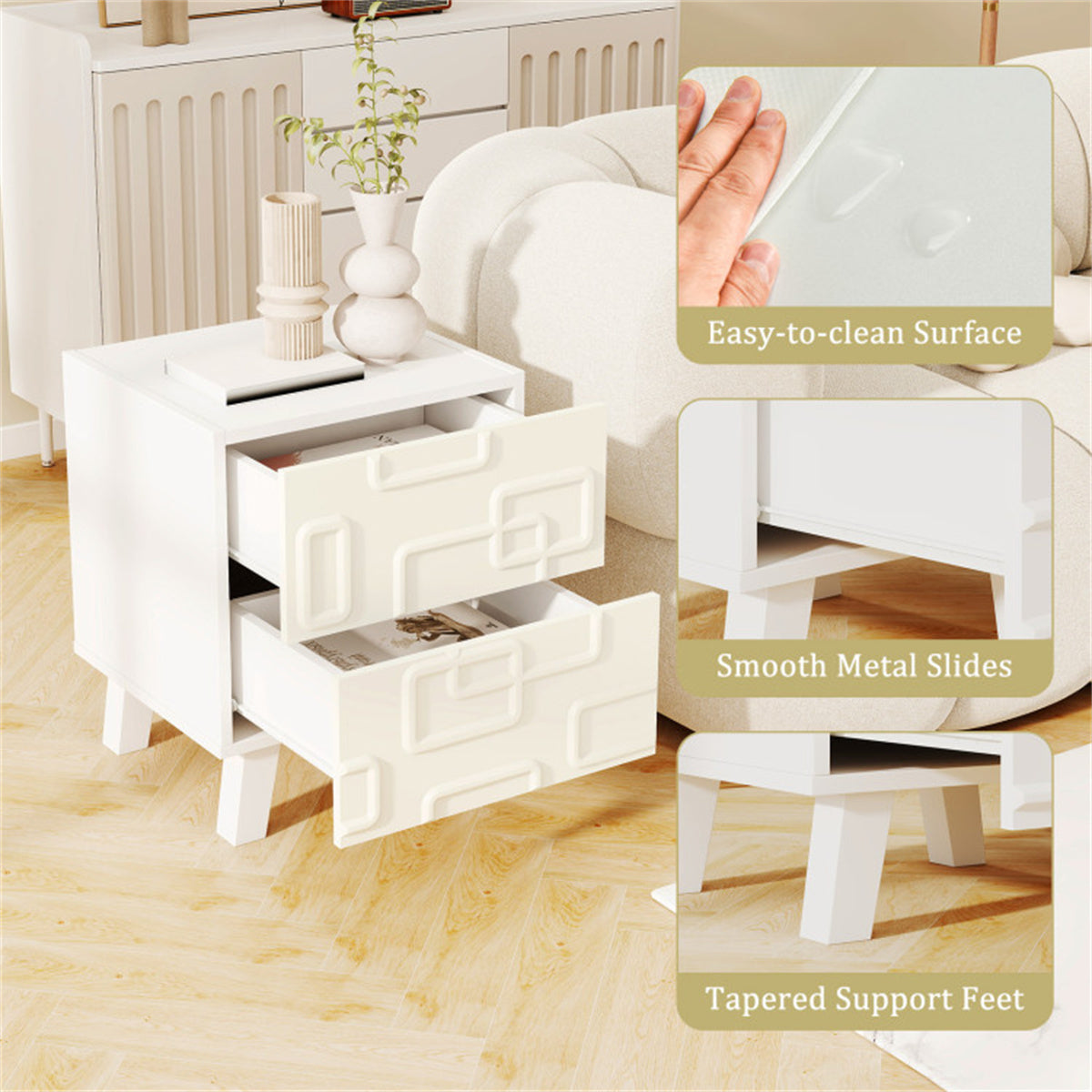 White Modern Nightstand with 2 Drawers – Geometric 3D Pattern Bedside Side Table
