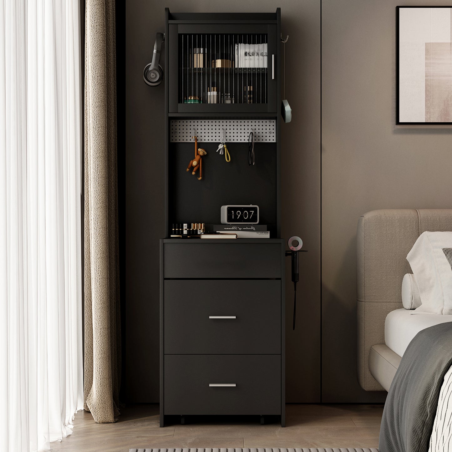 Compact Vanity Desk with Mirror, LED Lights, Charging Station & Stool, Black