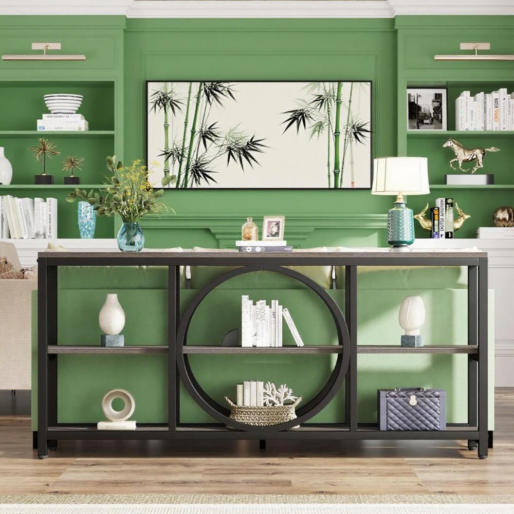 70.9" Rustic Gray Console Table with 3-Tier Shelves – Industrial Entryway Accent