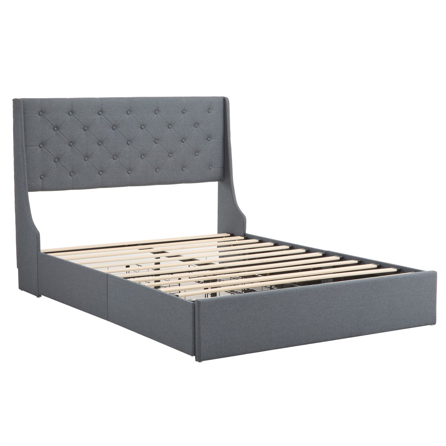 Queen Upholstered Storage Bed Frame with 4 Drawers & Wingback Tufted Headboard