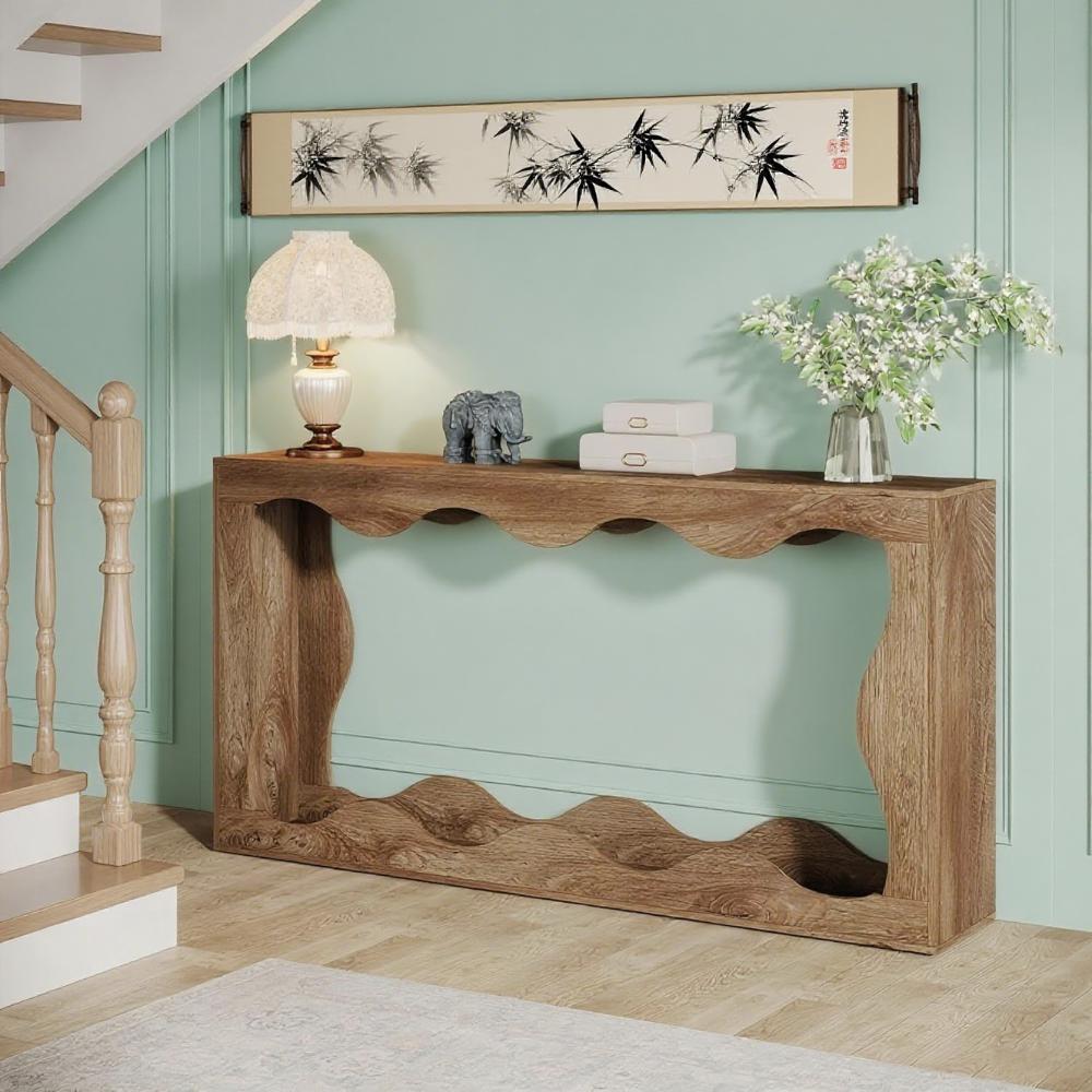 63" Light Brown Farmhouse Wavy Console Table – 2-Tier Entryway & Sofa Table
