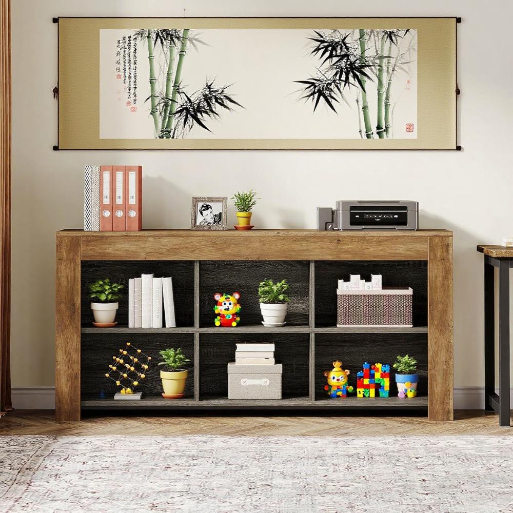 Rustic Brown 6-Cube Long Console Table – Industrial Low Bookshelf & TV Stand
