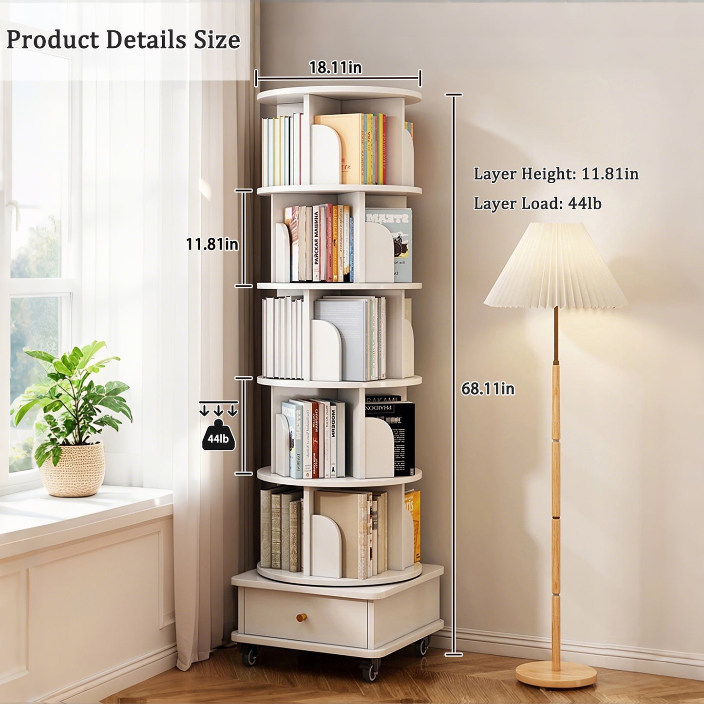 6-Tier 360° Rotating Bookshelf with Wheels & Drawer, Space-Saving Warm White