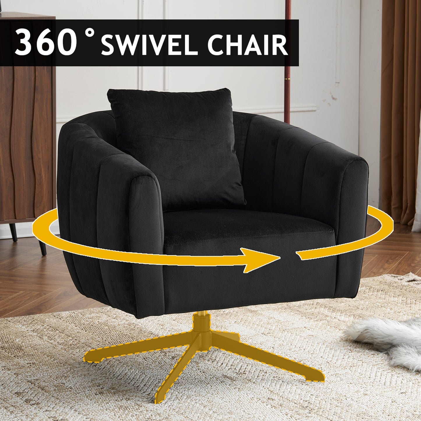 360° Swivel Velvet Accent Chair with Fluffy Cushion – Black