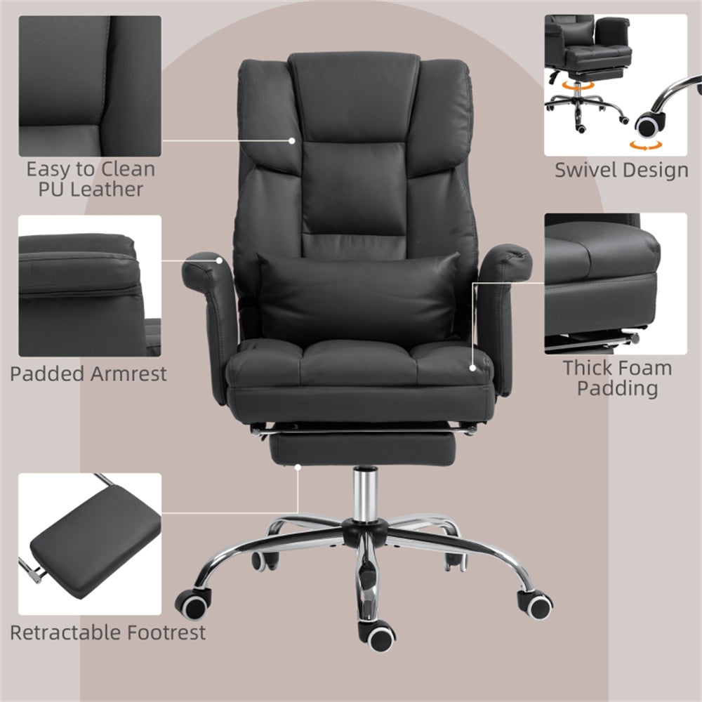Black Massage Office Chair with Reclining Back, Footrest & PU Leather Finish