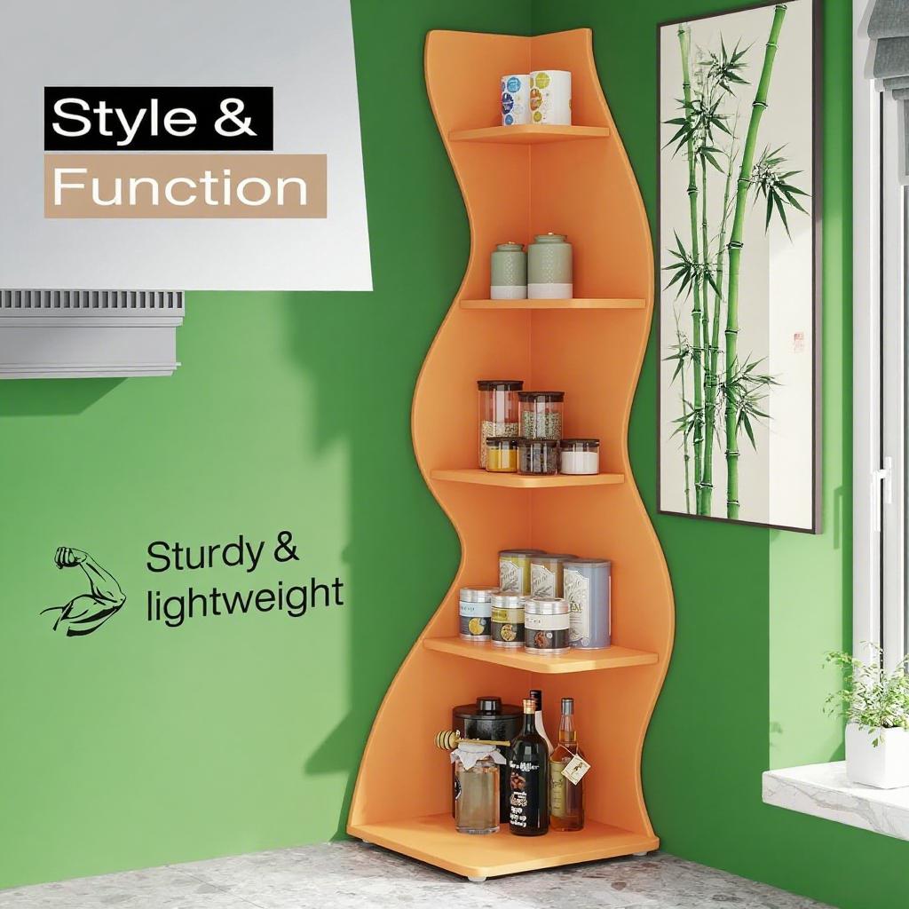 Bookcase Wavy 5-Tier Orange Corner Bookshelf – Modern Sculpted Storage Rack