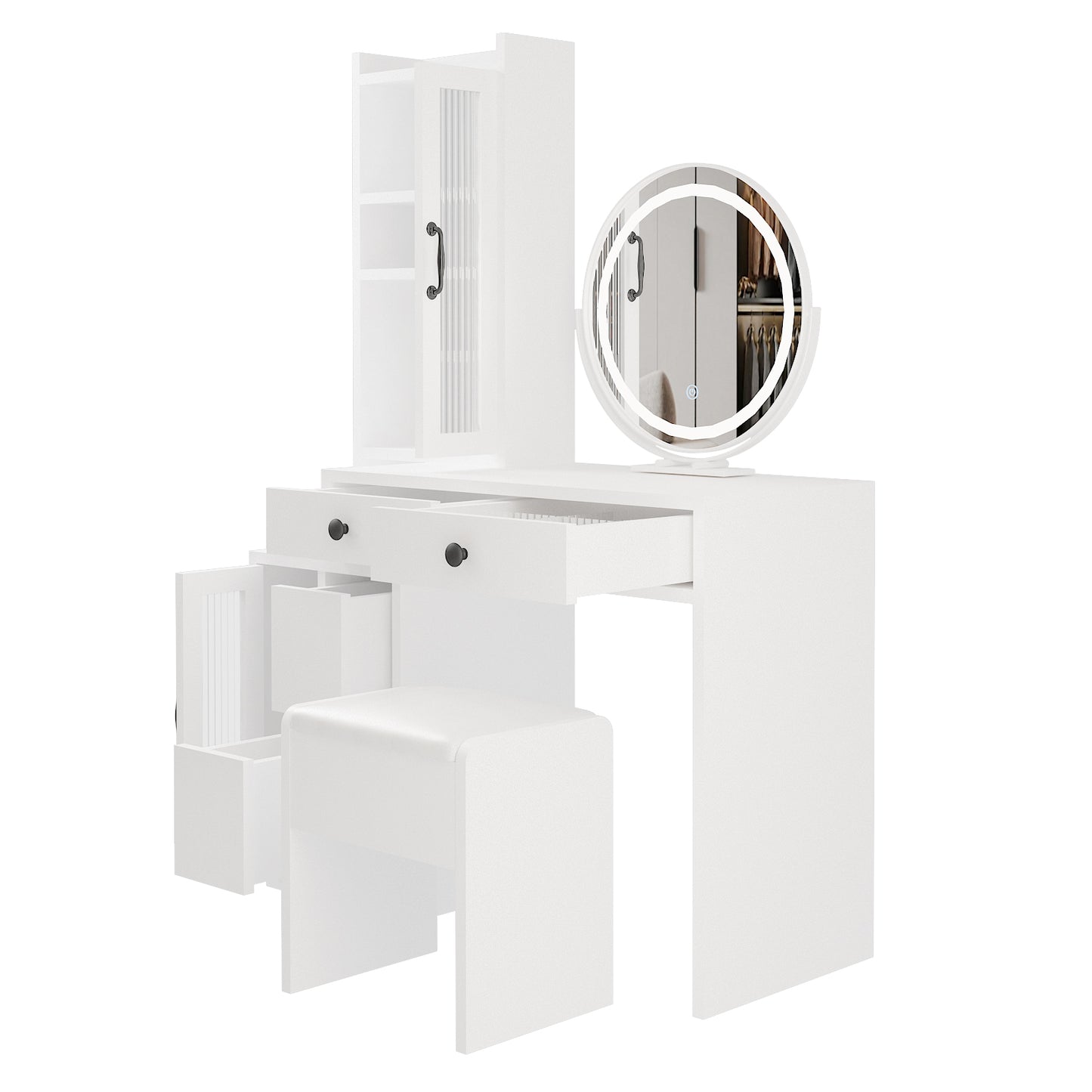 Modern Vanity Table Set w/ LED Mirror, Side Cabinet & Outlets, 3 Lights