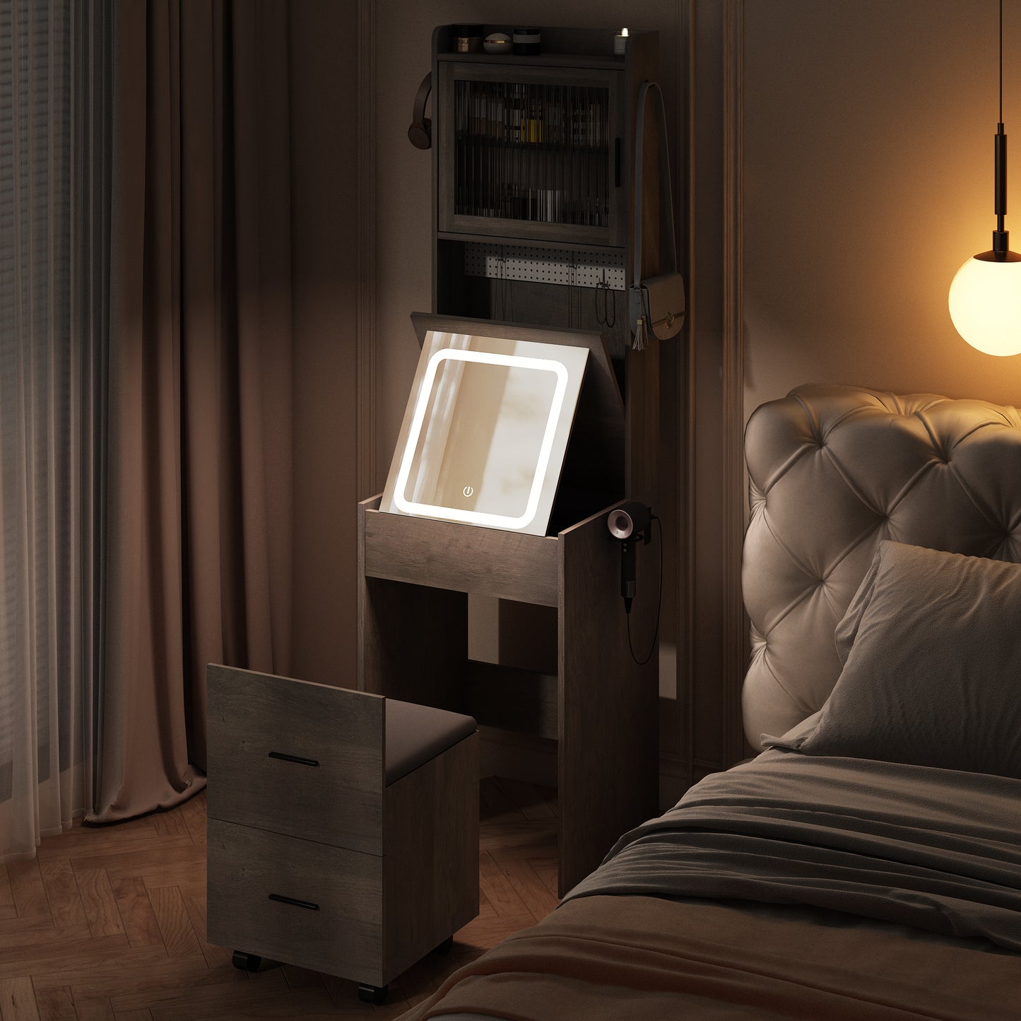 Compact Vanity Desk with Mirror, LED Lights, Charging Station & Stool, White