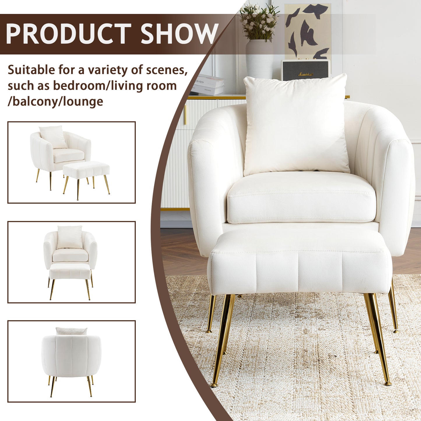 Velvet Barrel Chair with Ottoman & Lumbar Pillow – Off White  Accent Set