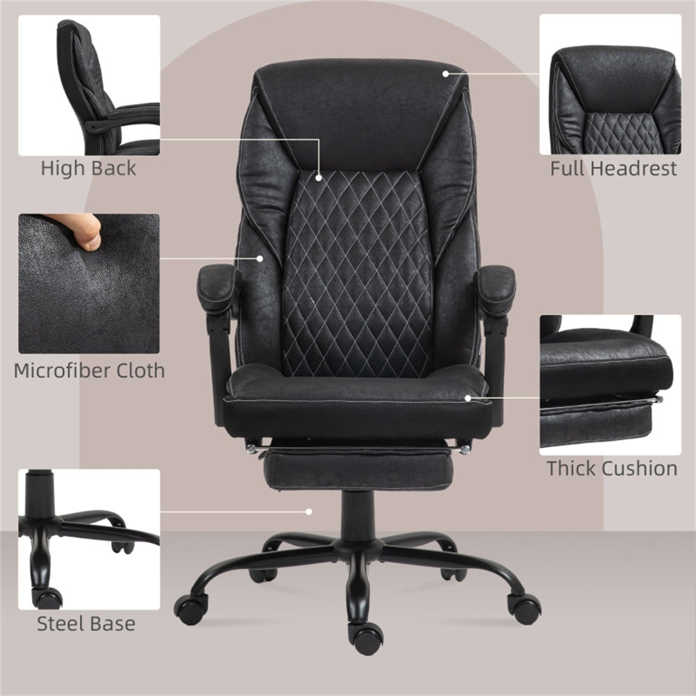 Black High-Back Reclining Office Chair with Footrest & Microfiber Upholstery