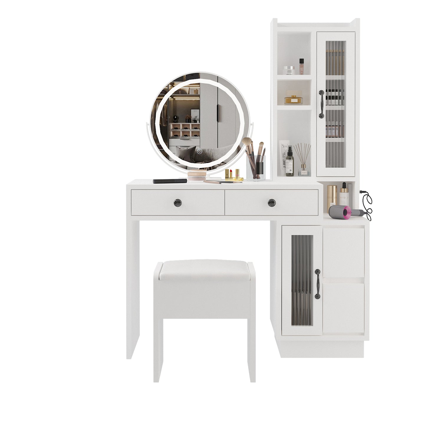 Modern Vanity Table Set w/ LED Mirror, Side Cabinet & Outlets, 3 Lights