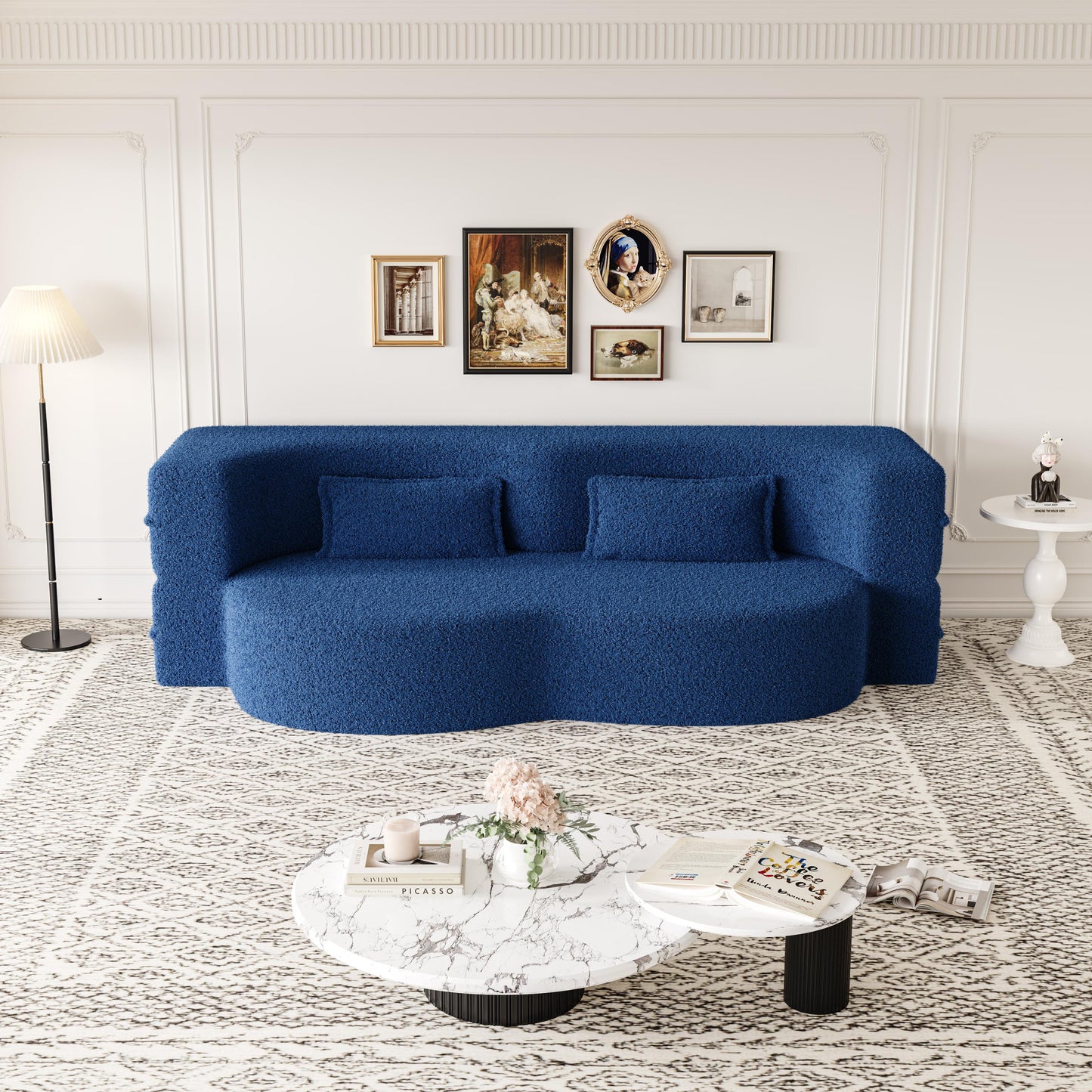 Blue Teddy Fabric Convertible Floor Sofa Bed with 2 Pillows, Full Size 78"