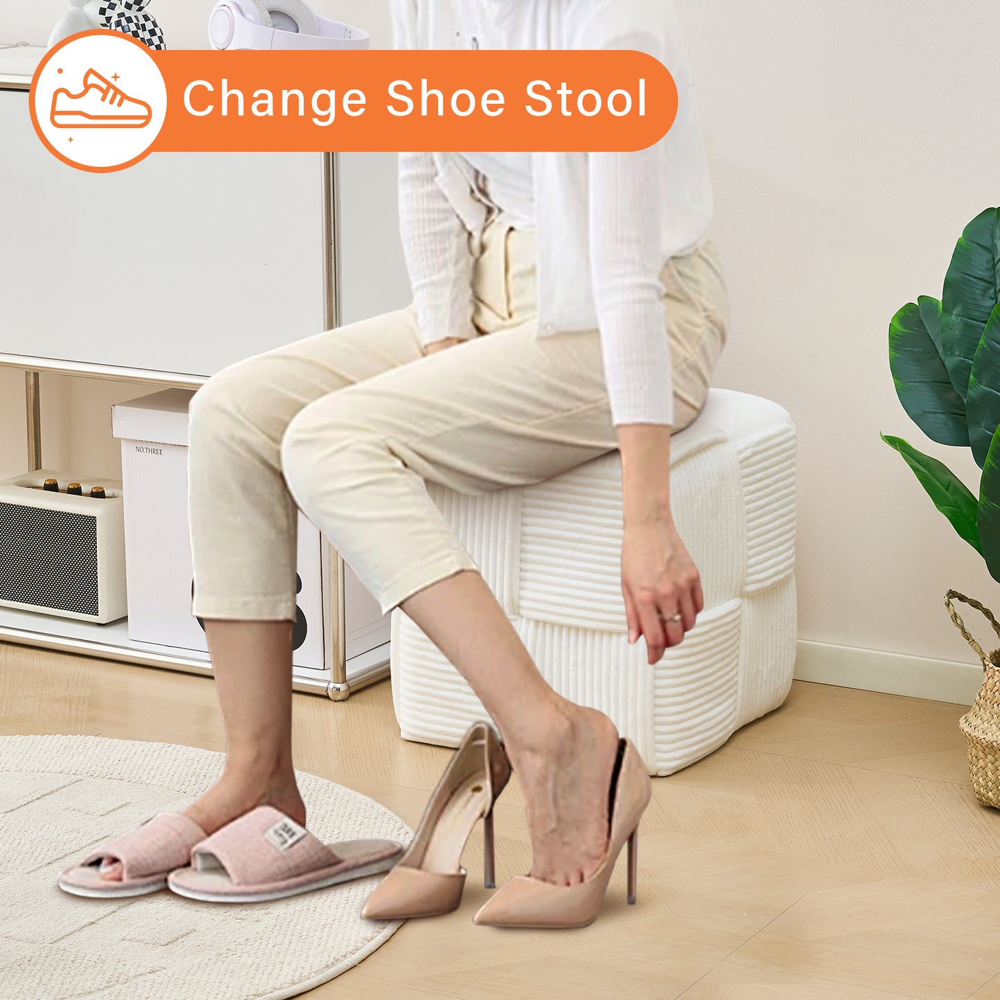 White Corduroy Ottoman Vanity Stool – Square Footrest for Bedroom & Entryway