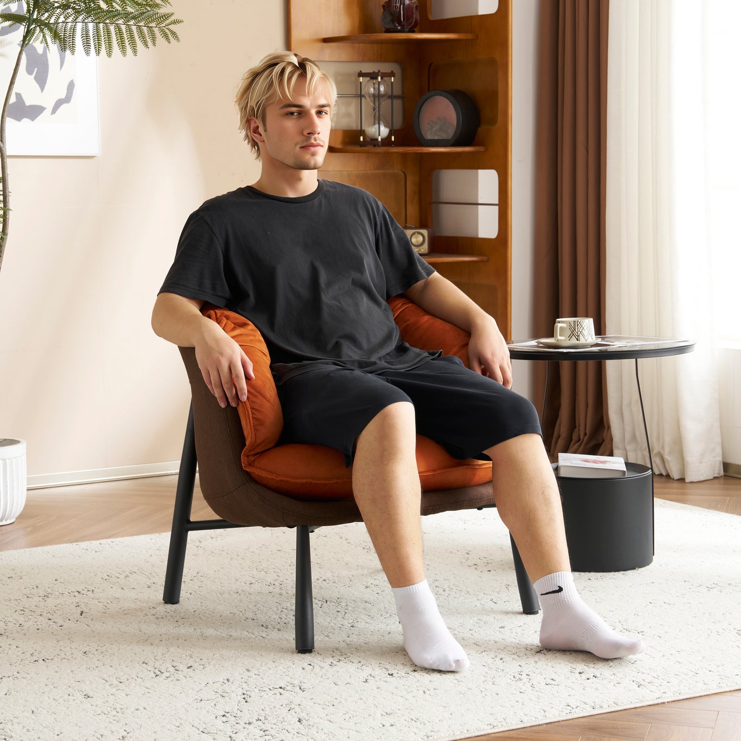 Modern Velvet Barrel Accent Chair with Metal Legs – Burnt Orange Armchair