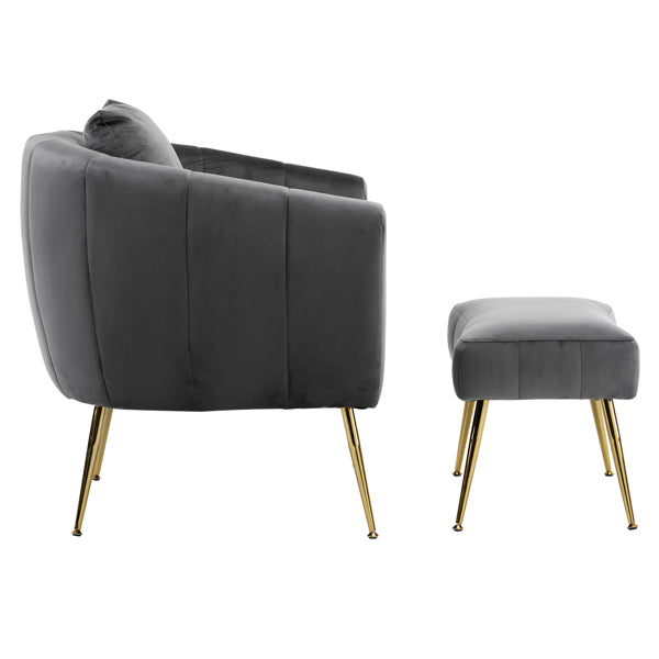Velvet Barrel Chair with Ottoman & Lumbar Pillow – Gray Accent Set