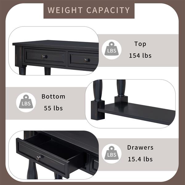 63" Black Console Table with Drawers & Shelf for Entryway, Hallway, Living Room