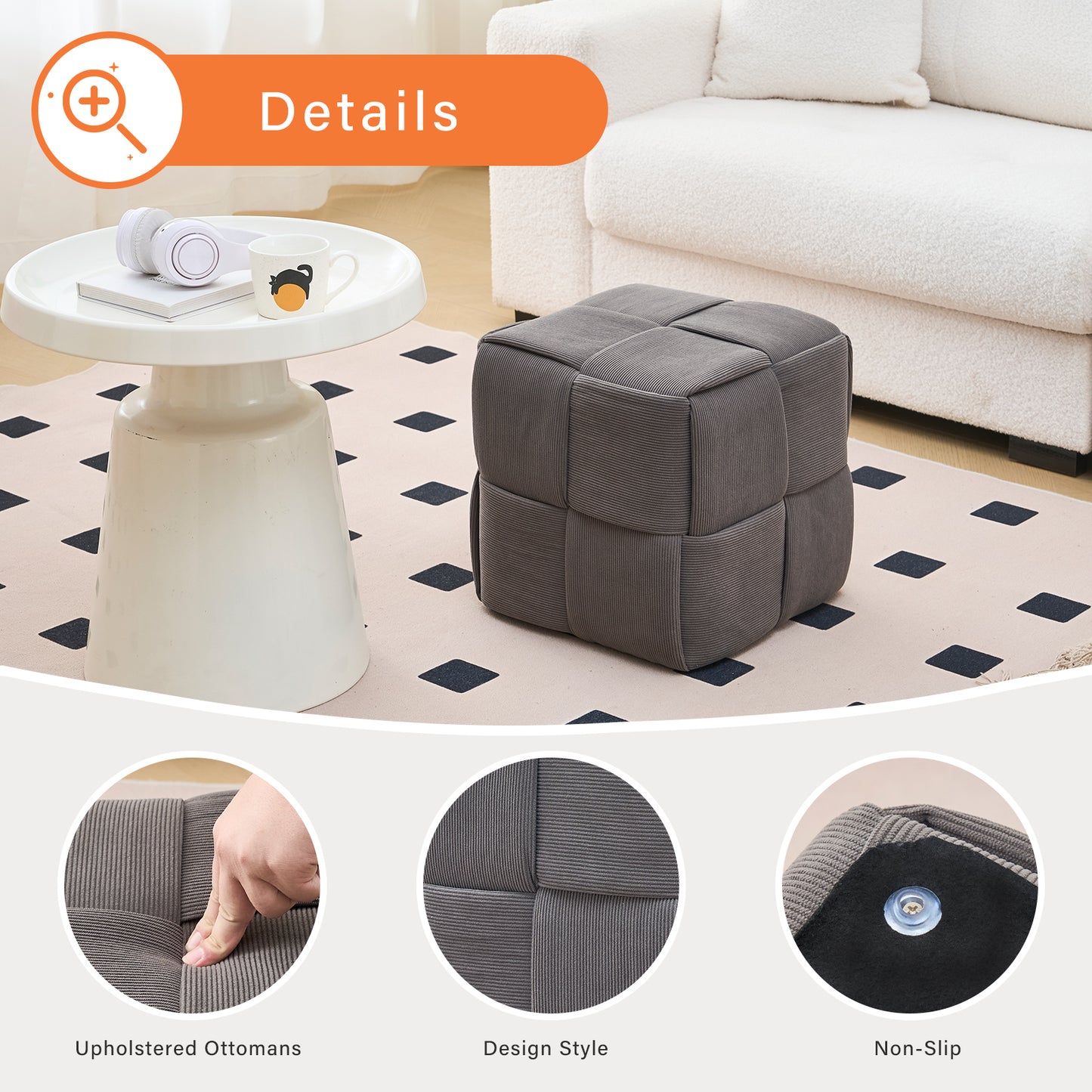 Grey Corduroy Ottoman Vanity Stool – Square Footrest for Bedroom & Entryway