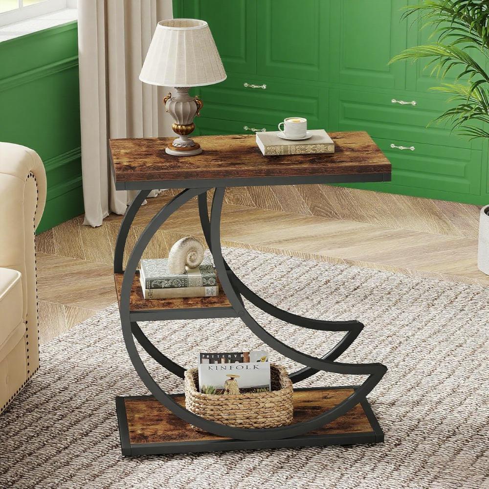 Rustic Industrial 3-Tier Coffee Table with Metal Frame – Narrow End Table Stand