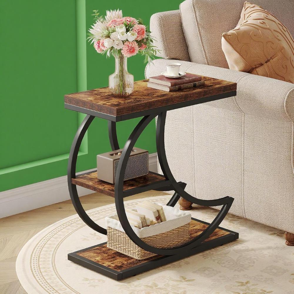 Rustic Industrial 3-Tier Coffee Table with Metal Frame – Narrow End Table Stand