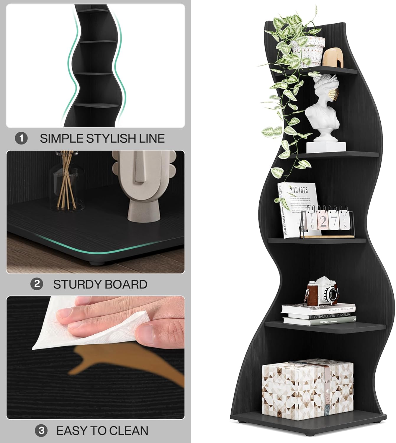 Black Wavy 5-Tier Corner Bookshelf – Modern Sculpted Bookcase Storage Rack