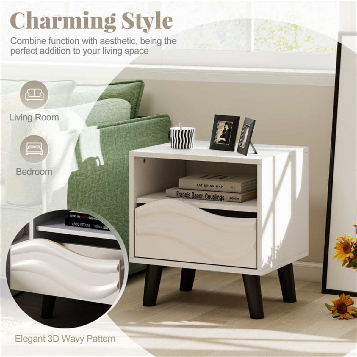 White Nightstand with Drawer & Open Shelf – Modern Compact Bedside Table