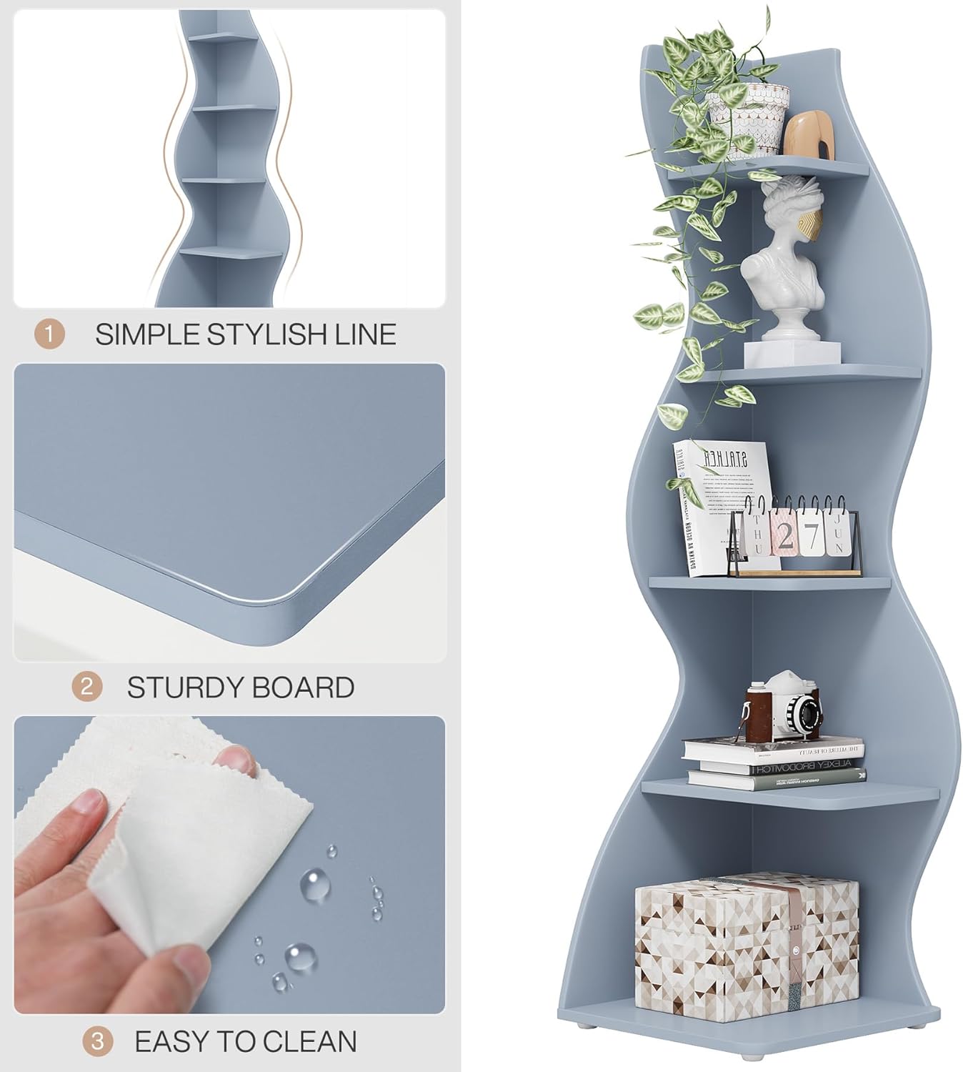 Bookcase Wavy 5-Tier Blue Corner Bookshelf – Modern Sculpted Storage Rack