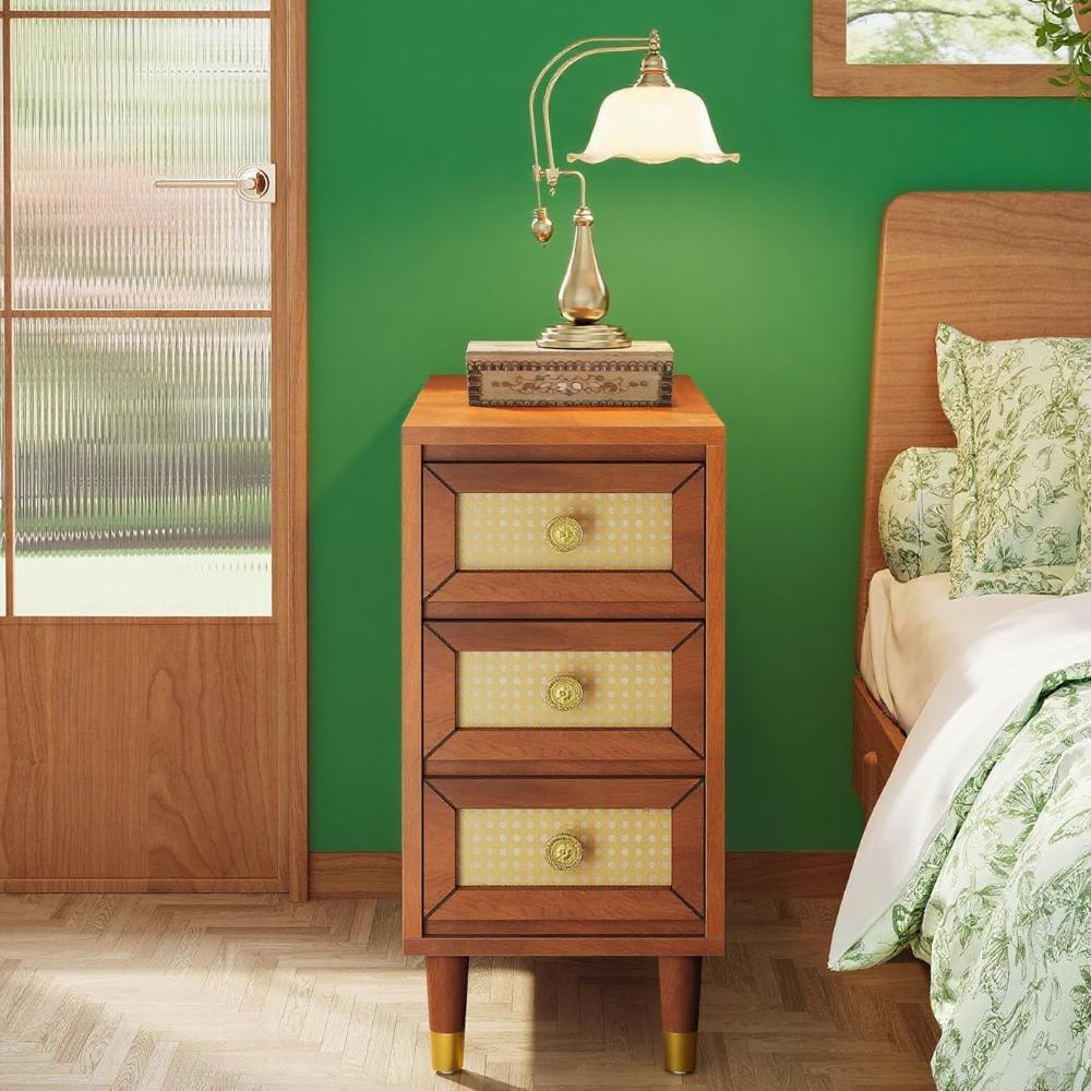 Solid Wood Coffee Table with 3 Rattan Drawers – Rustic Boho Accent End Table